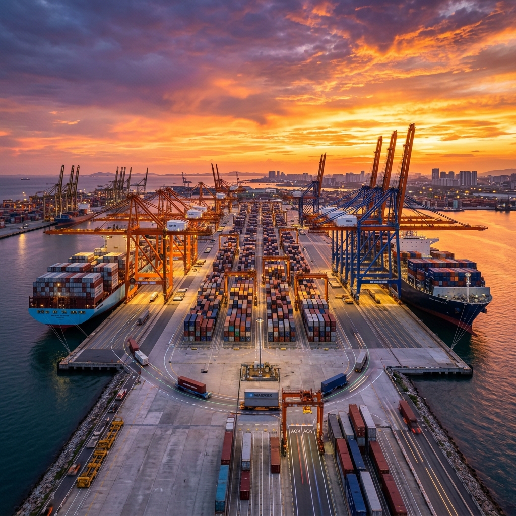 Container Port Terminal Sunset